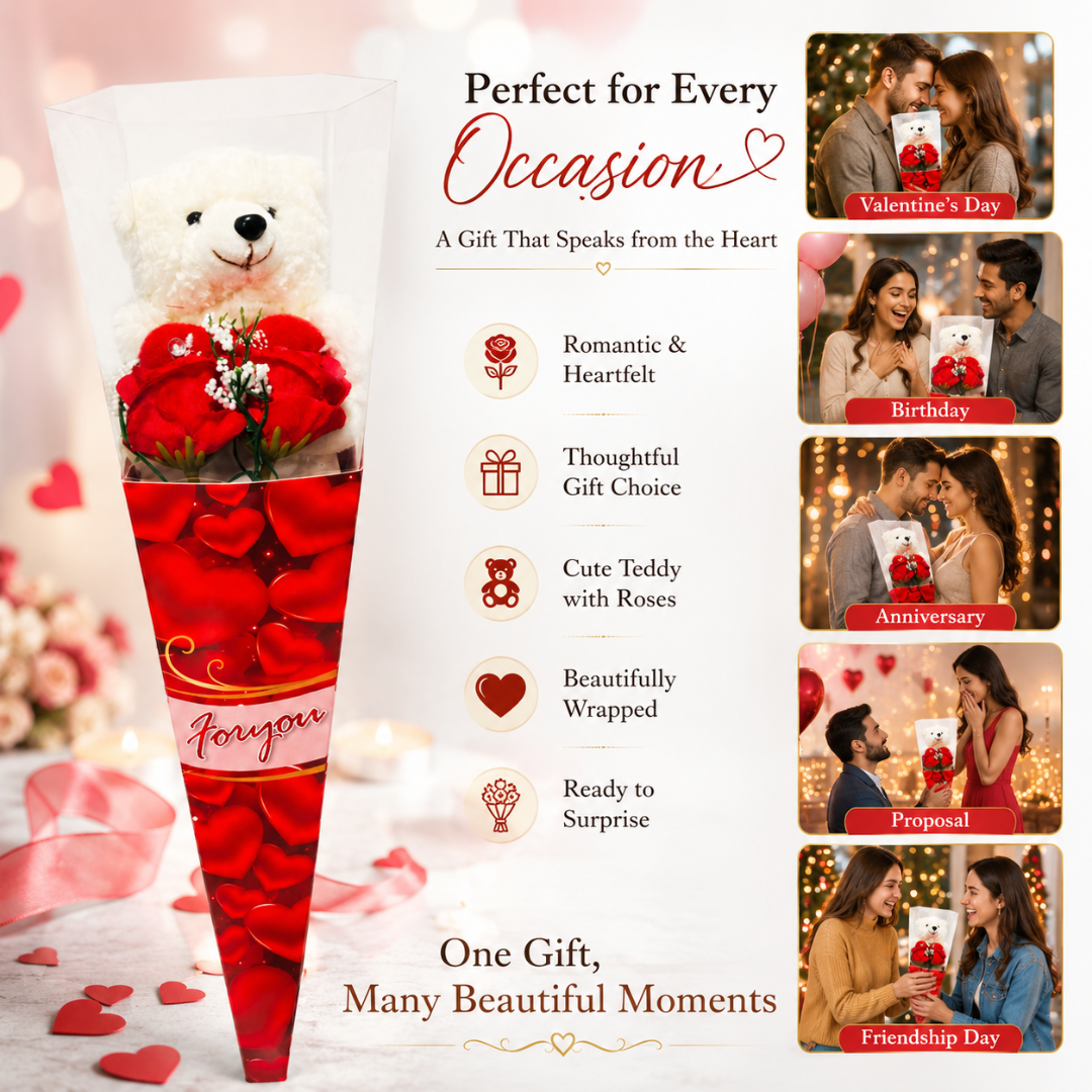 Teddy Bear Rose Bouquet Gift, Cute Teddy with Red Heart & Rose Cone Wrap, Romantic Gift for Valentine’s Day, Birthday, Anniversary, Proposal, Friendship Day - 1PC