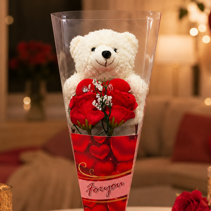 Teddy Bear Rose Bouquet Gift, Cute Teddy with Red Heart & Rose Cone Wrap, Romantic Gift for Valentine’s Day, Birthday, Anniversary, Proposal, Friendship Day - 1PC