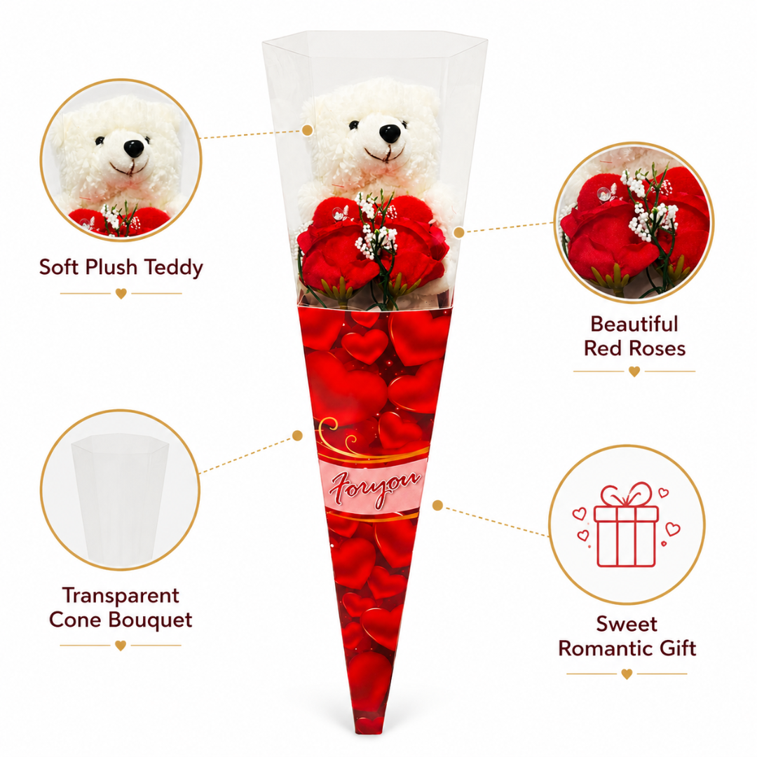 Teddy Bear Rose Bouquet Gift, Cute Teddy with Red Heart & Rose Cone Wrap, Romantic Gift for Valentine’s Day, Birthday, Anniversary, Proposal, Friendship Day - 1PC