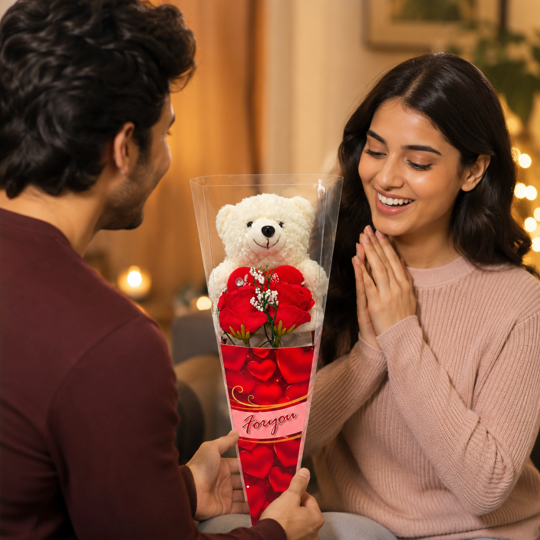 Teddy Bear Rose Bouquet Gift, Cute Teddy with Red Heart & Rose Cone Wrap, Romantic Gift for Valentine’s Day, Birthday, Anniversary, Proposal, Friendship Day - 1PC
