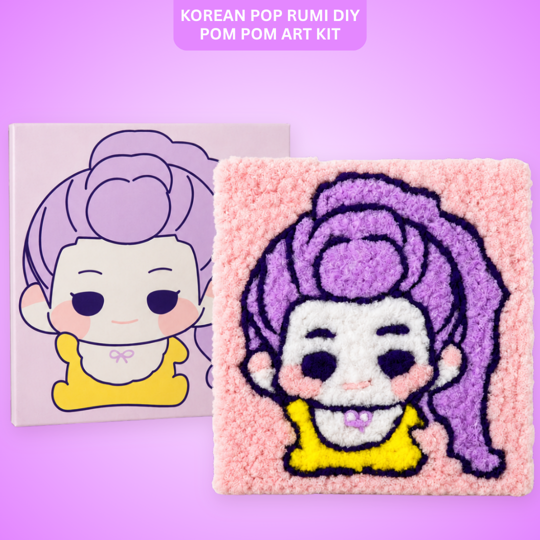 Korean Pop Rumi Inspired Pom Pom Art Kit for Kids, Self-Adhesive Fuzzy Ball Craft Activity with Character Canvas Board & Coloured Pom Poms, Mess-Free DIY Creative Return Gift - 1 Set