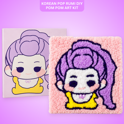 Korean Pop Rumi Inspired Pom Pom Art Kit for Kids, Self-Adhesive Fuzzy Ball Craft Activity with Character Canvas Board & Coloured Pom Poms, Mess-Free DIY Creative Return Gift - 1 Set