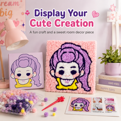 Korean Pop Rumi Inspired Pom Pom Art Kit for Kids, Self-Adhesive Fuzzy Ball Craft Activity with Character Canvas Board & Coloured Pom Poms, Mess-Free DIY Creative Return Gift - 1 Set