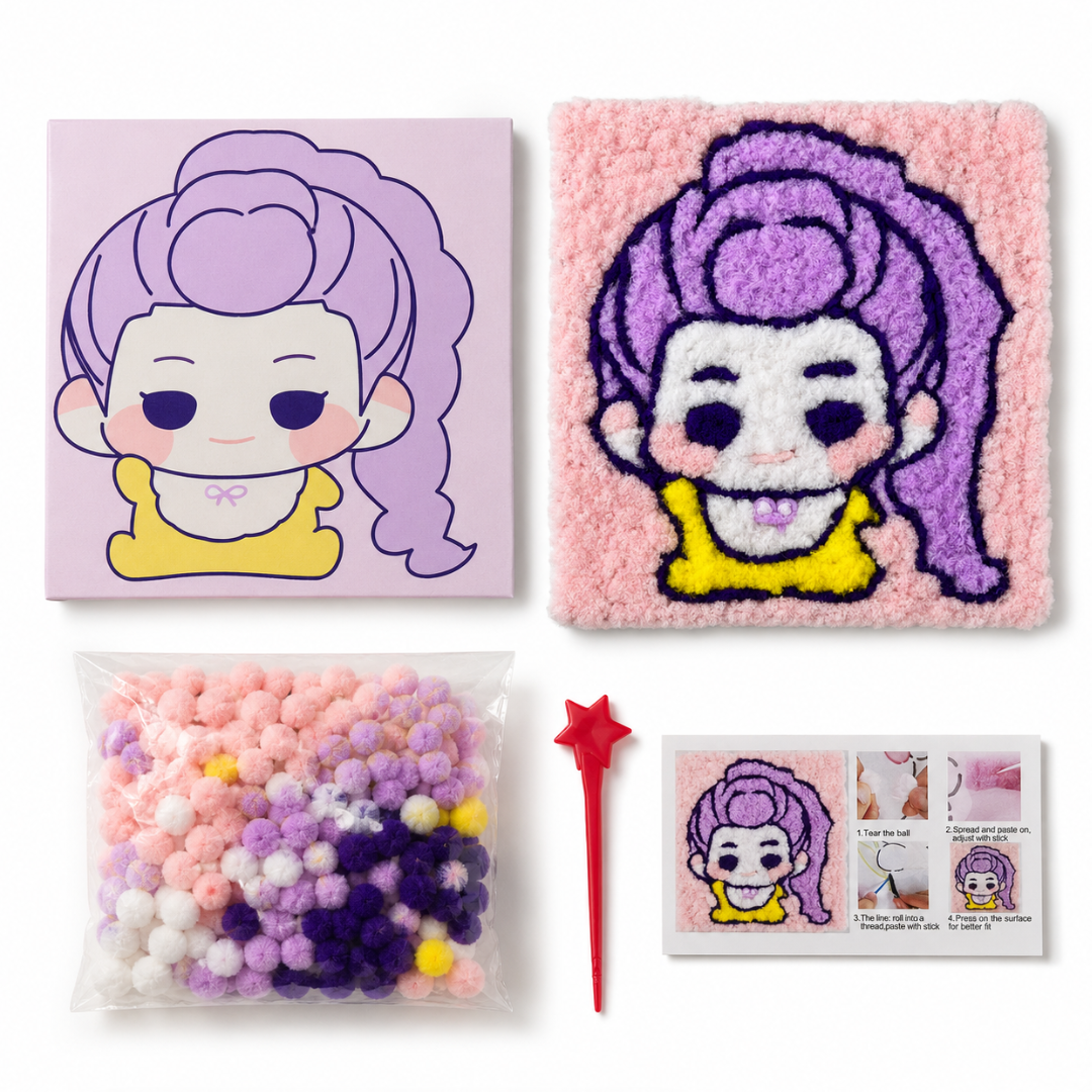 Korean Pop Rumi Inspired Pom Pom Art Kit for Kids, Self-Adhesive Fuzzy Ball Craft Activity with Character Canvas Board & Coloured Pom Poms, Mess-Free DIY Creative Return Gift - 1 Set