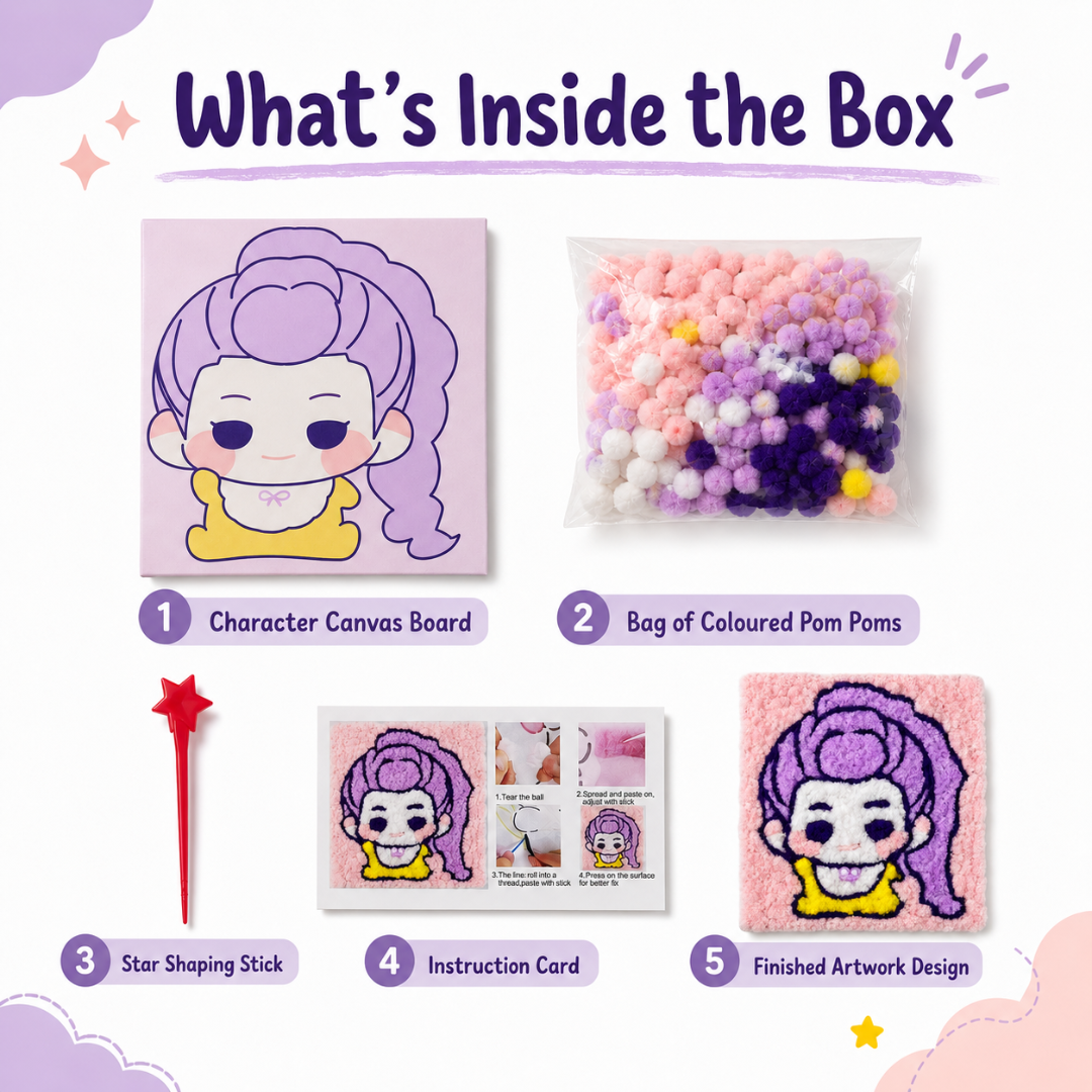 Korean Pop Rumi Inspired Pom Pom Art Kit for Kids, Self-Adhesive Fuzzy Ball Craft Activity with Character Canvas Board & Coloured Pom Poms, Mess-Free DIY Creative Return Gift - 1 Set