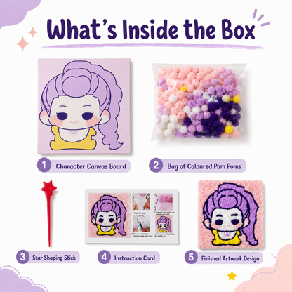 Korean Pop Rumi Inspired Pom Pom Art Kit for Kids, Self-Adhesive Fuzzy Ball Craft Activity with Character Canvas Board & Coloured Pom Poms, Mess-Free DIY Creative Return Gift - 1 Set