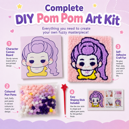 Korean Pop Rumi Inspired Pom Pom Art Kit for Kids, Self-Adhesive Fuzzy Ball Craft Activity with Character Canvas Board & Coloured Pom Poms, Mess-Free DIY Creative Return Gift - 1 Set