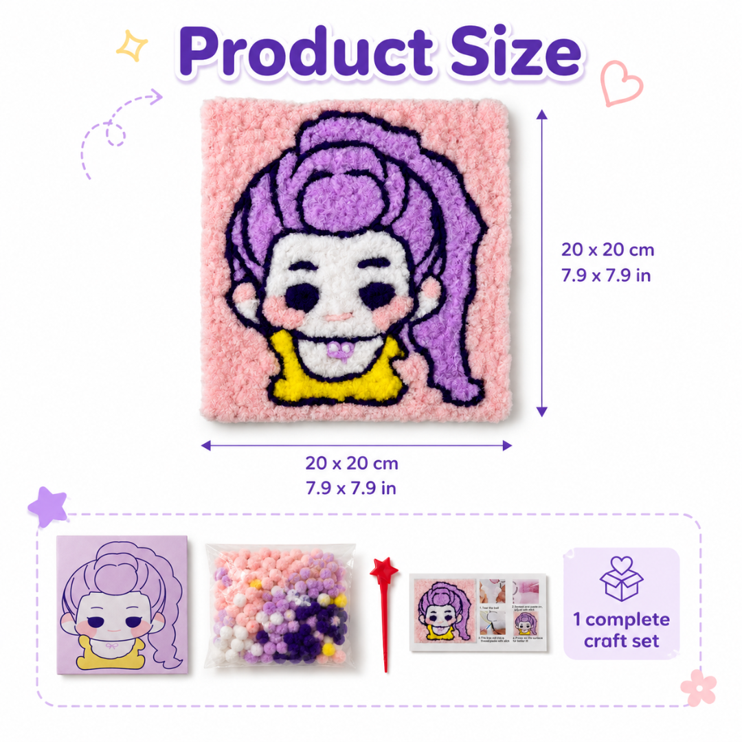 Korean Pop Rumi Inspired Pom Pom Art Kit for Kids, Self-Adhesive Fuzzy Ball Craft Activity with Character Canvas Board & Coloured Pom Poms, Mess-Free DIY Creative Return Gift - 1 Set