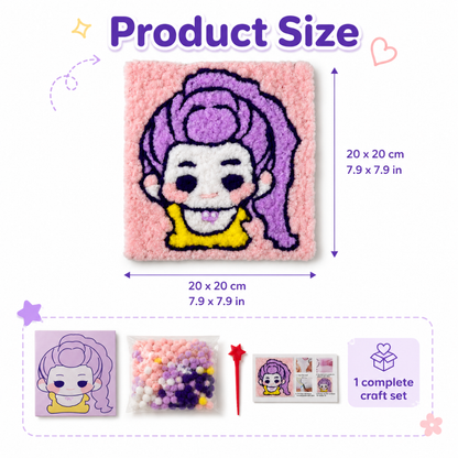 Korean Pop Rumi Inspired Pom Pom Art Kit for Kids, Self-Adhesive Fuzzy Ball Craft Activity with Character Canvas Board & Coloured Pom Poms, Mess-Free DIY Creative Return Gift - 1 Set