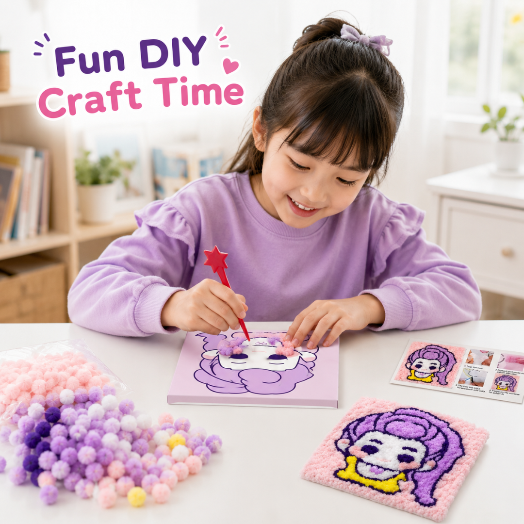 Korean Pop Rumi Inspired Pom Pom Art Kit for Kids, Self-Adhesive Fuzzy Ball Craft Activity with Character Canvas Board & Coloured Pom Poms, Mess-Free DIY Creative Return Gift - 1 Set