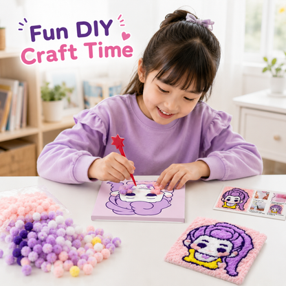 Korean Pop Rumi Inspired Pom Pom Art Kit for Kids, Self-Adhesive Fuzzy Ball Craft Activity with Character Canvas Board & Coloured Pom Poms, Mess-Free DIY Creative Return Gift - 1 Set