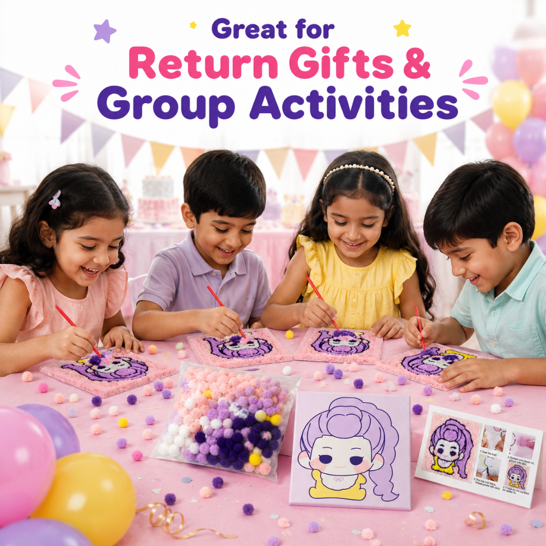 Korean Pop Rumi Inspired Pom Pom Art Kit for Kids, Self-Adhesive Fuzzy Ball Craft Activity with Character Canvas Board & Coloured Pom Poms, Mess-Free DIY Creative Return Gift - 1 Set