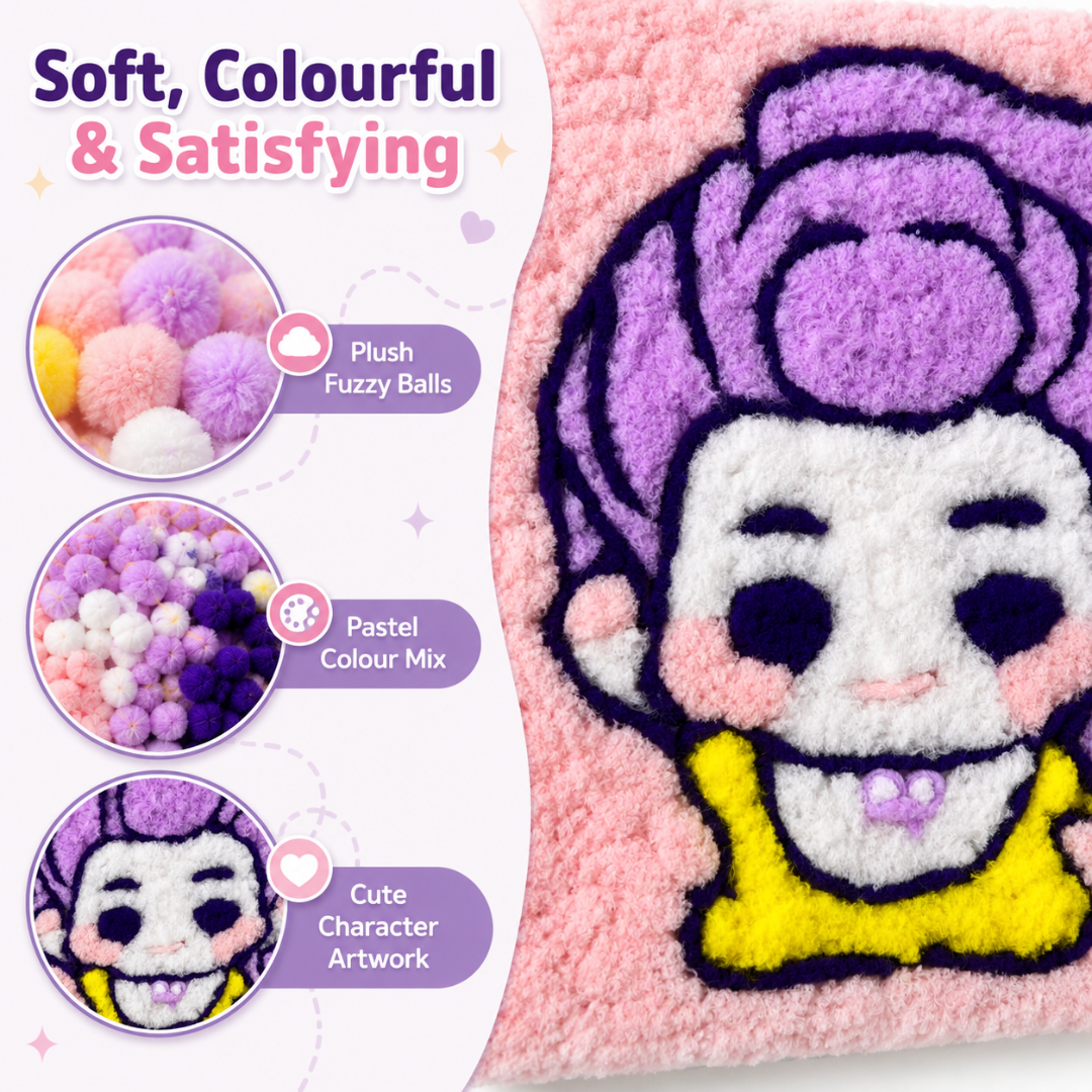 Korean Pop Rumi Inspired Pom Pom Art Kit for Kids, Self-Adhesive Fuzzy Ball Craft Activity with Character Canvas Board & Coloured Pom Poms, Mess-Free DIY Creative Return Gift - 1 Set