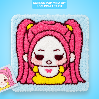 Korean Pop Mira Inspired Pom Pom Art Kit for Kids, Self-Adhesive Fuzzy Ball Craft Activity with Character Canvas Board & Coloured Pom Poms, Mess-Free DIY Creative Return Gift - 1 Set
