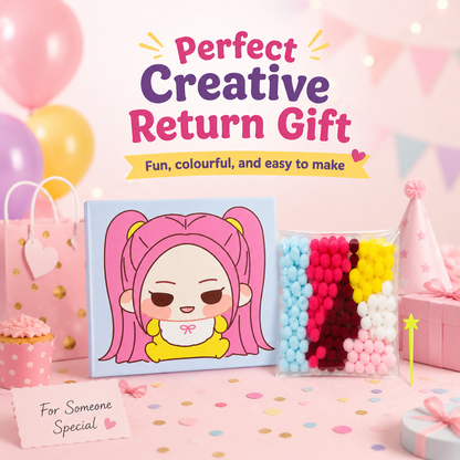 Korean Pop Mira Inspired Pom Pom Art Kit for Kids, Self-Adhesive Fuzzy Ball Craft Activity with Character Canvas Board & Coloured Pom Poms, Mess-Free DIY Creative Return Gift - 1 Set
