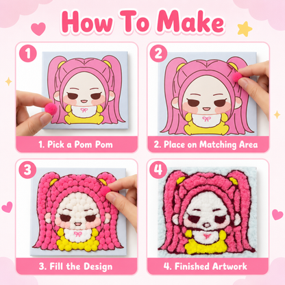 Korean Pop Mira Inspired Pom Pom Art Kit for Kids, Self-Adhesive Fuzzy Ball Craft Activity with Character Canvas Board & Coloured Pom Poms, Mess-Free DIY Creative Return Gift - 1 Set