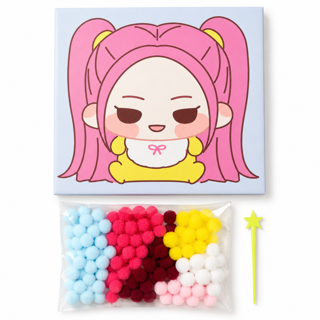 Korean Pop Mira Inspired Pom Pom Art Kit for Kids, Self-Adhesive Fuzzy Ball Craft Activity with Character Canvas Board & Coloured Pom Poms, Mess-Free DIY Creative Return Gift - 1 Set