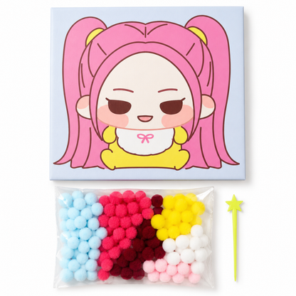 Korean Pop Mira Inspired Pom Pom Art Kit for Kids, Self-Adhesive Fuzzy Ball Craft Activity with Character Canvas Board & Coloured Pom Poms, Mess-Free DIY Creative Return Gift - 1 Set