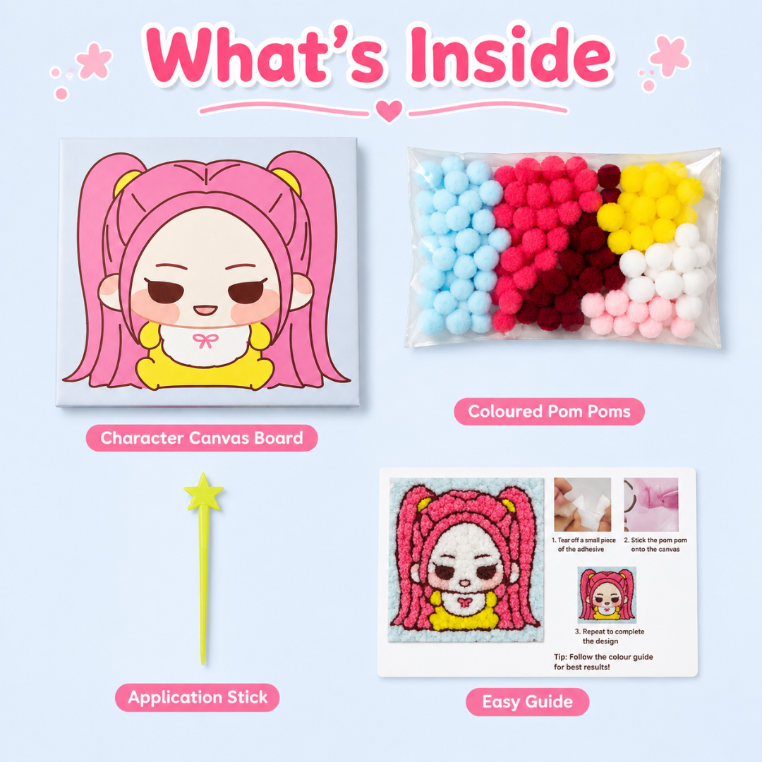 Korean Pop Mira Inspired Pom Pom Art Kit for Kids, Self-Adhesive Fuzzy Ball Craft Activity with Character Canvas Board & Coloured Pom Poms, Mess-Free DIY Creative Return Gift - 1 Set