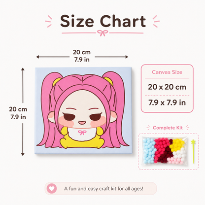 Korean Pop Mira Inspired Pom Pom Art Kit for Kids, Self-Adhesive Fuzzy Ball Craft Activity with Character Canvas Board & Coloured Pom Poms, Mess-Free DIY Creative Return Gift - 1 Set