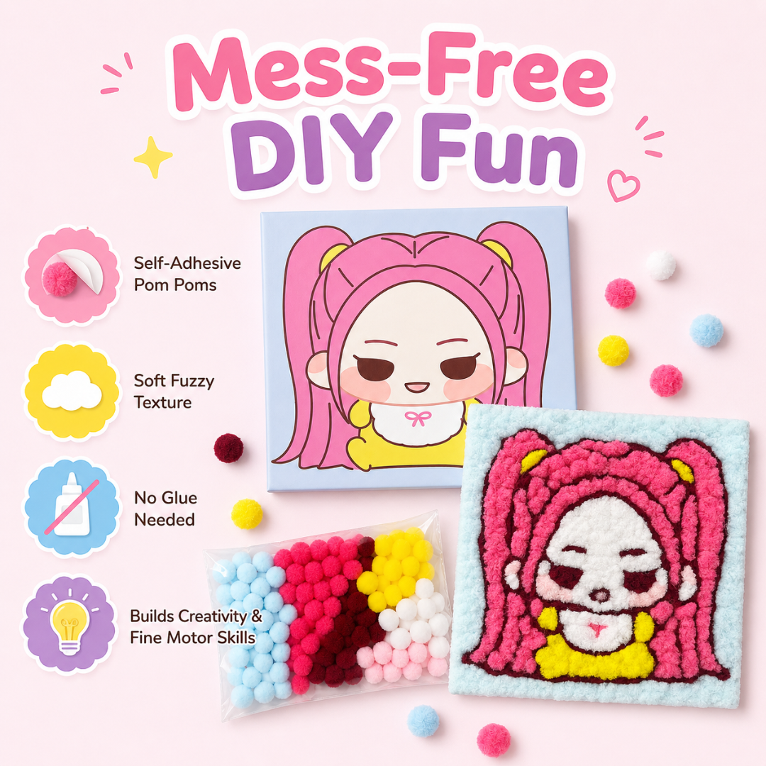 Korean Pop Mira Inspired Pom Pom Art Kit for Kids, Self-Adhesive Fuzzy Ball Craft Activity with Character Canvas Board & Coloured Pom Poms, Mess-Free DIY Creative Return Gift - 1 Set