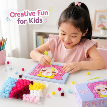 Korean Pop Mira Inspired Pom Pom Art Kit for Kids, Self-Adhesive Fuzzy Ball Craft Activity with Character Canvas Board & Coloured Pom Poms, Mess-Free DIY Creative Return Gift - 1 Set