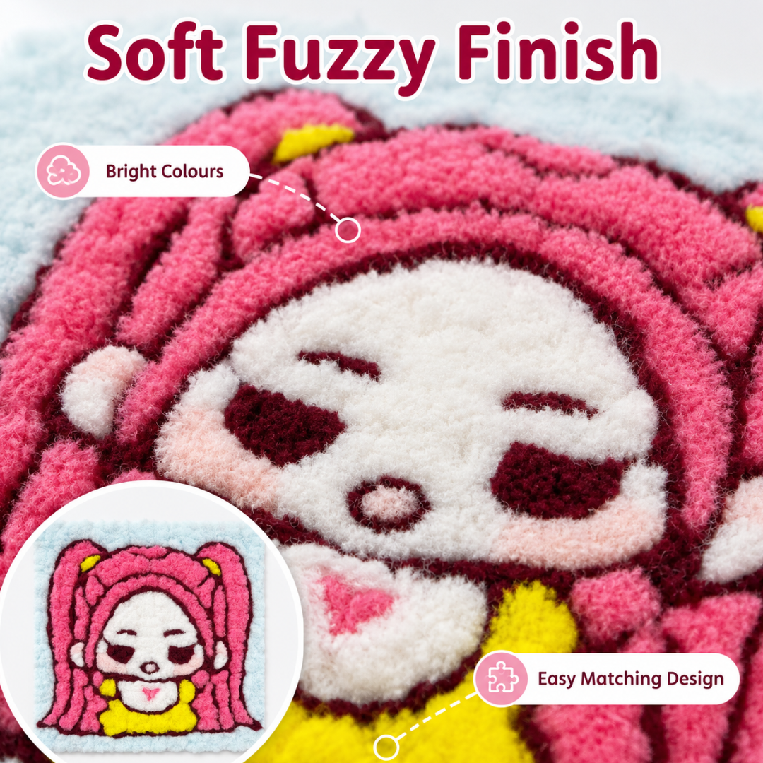 Korean Pop Mira Inspired Pom Pom Art Kit for Kids, Self-Adhesive Fuzzy Ball Craft Activity with Character Canvas Board & Coloured Pom Poms, Mess-Free DIY Creative Return Gift - 1 Set