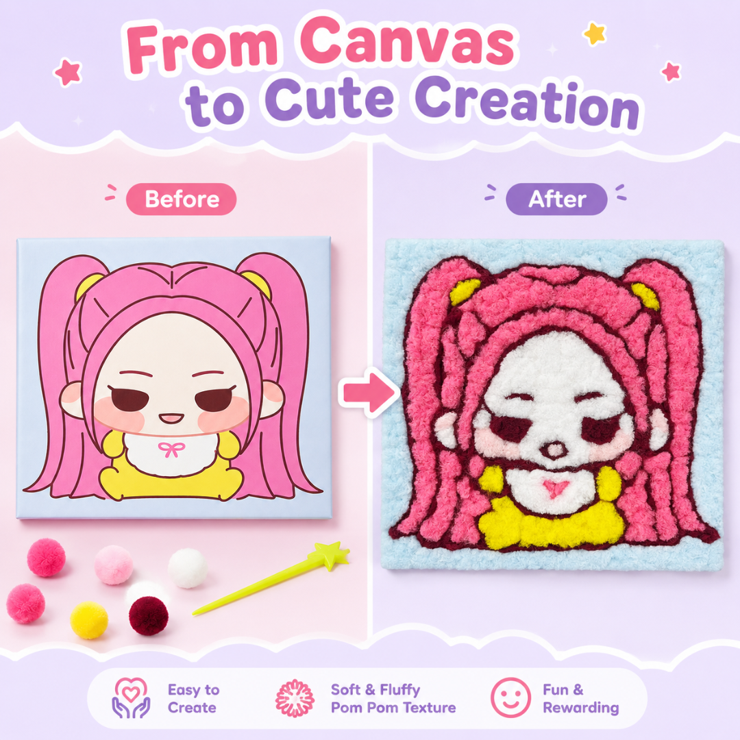 Korean Pop Mira Inspired Pom Pom Art Kit for Kids, Self-Adhesive Fuzzy Ball Craft Activity with Character Canvas Board & Coloured Pom Poms, Mess-Free DIY Creative Return Gift - 1 Set