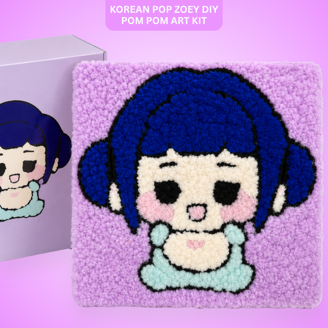 Korean Pop Zoey Inspired Pom Pom Art Kit for Kids, Self-Adhesive Fuzzy Ball Craft Activity with Character Canvas Board & Coloured Pom Poms, Mess-Free DIY Creative Return Gift - 1 Set
