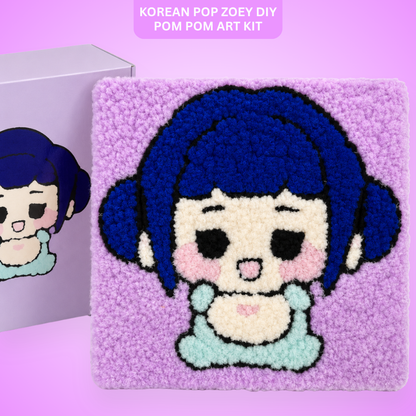 Korean Pop Zoey Inspired Pom Pom Art Kit for Kids, Self-Adhesive Fuzzy Ball Craft Activity with Character Canvas Board & Coloured Pom Poms, Mess-Free DIY Creative Return Gift - 1 Set