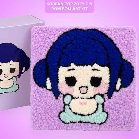 Korean Pop Zoey Inspired Pom Pom Art Kit for Kids, Self-Adhesive Fuzzy Ball Craft Activity with Character Canvas Board & Coloured Pom Poms, Mess-Free DIY Creative Return Gift - 1 Set