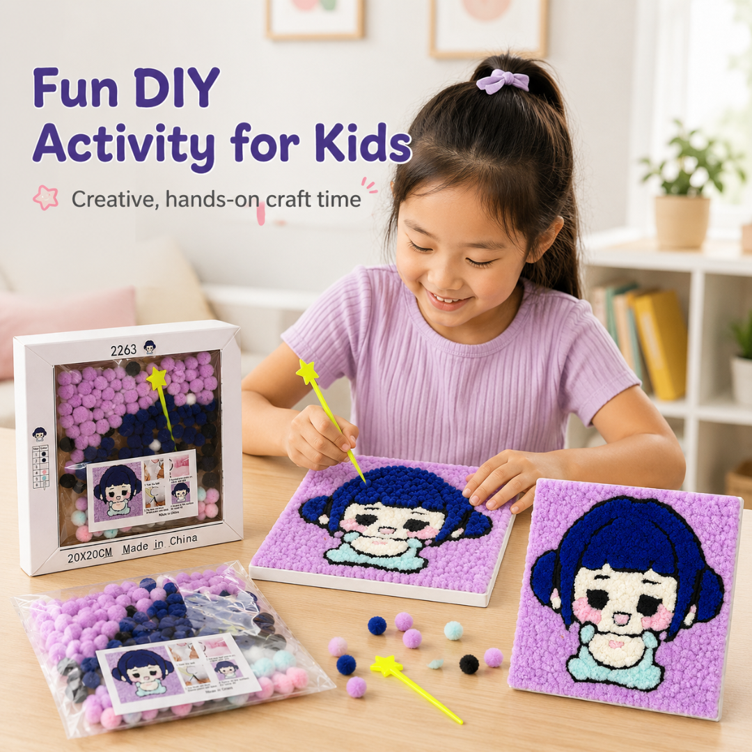 Korean Pop Zoey Inspired Pom Pom Art Kit for Kids, Self-Adhesive Fuzzy Ball Craft Activity with Character Canvas Board & Coloured Pom Poms, Mess-Free DIY Creative Return Gift - 1 Set