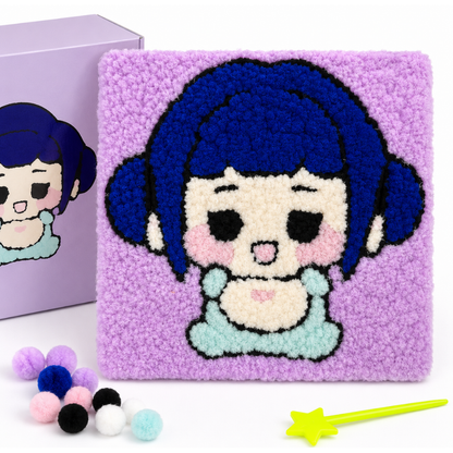 Korean Pop Zoey Inspired Pom Pom Art Kit for Kids, Self-Adhesive Fuzzy Ball Craft Activity with Character Canvas Board & Coloured Pom Poms, Mess-Free DIY Creative Return Gift - 1 Set
