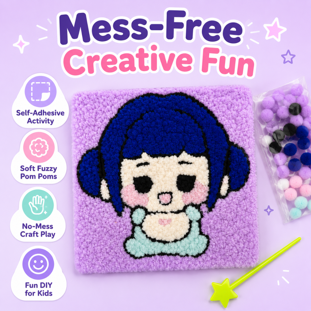 Korean Pop Zoey Inspired Pom Pom Art Kit for Kids, Self-Adhesive Fuzzy Ball Craft Activity with Character Canvas Board & Coloured Pom Poms, Mess-Free DIY Creative Return Gift - 1 Set