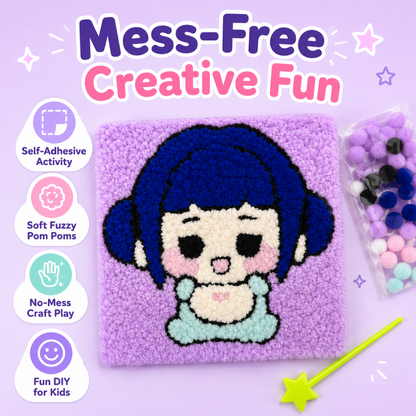Korean Pop Zoey Inspired Pom Pom Art Kit for Kids, Self-Adhesive Fuzzy Ball Craft Activity with Character Canvas Board & Coloured Pom Poms, Mess-Free DIY Creative Return Gift - 1 Set