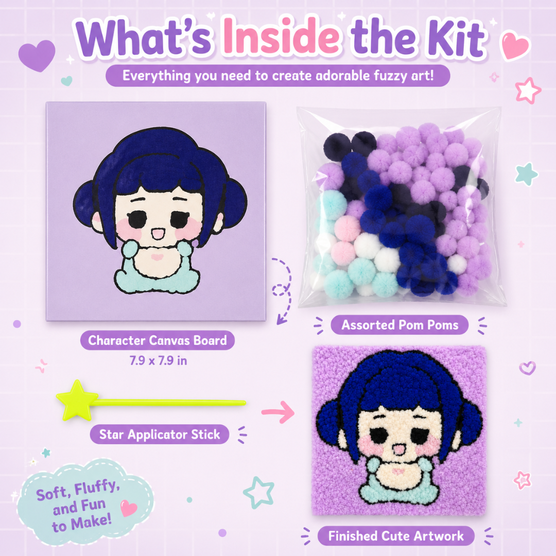Korean Pop Zoey Inspired Pom Pom Art Kit for Kids, Self-Adhesive Fuzzy Ball Craft Activity with Character Canvas Board & Coloured Pom Poms, Mess-Free DIY Creative Return Gift - 1 Set