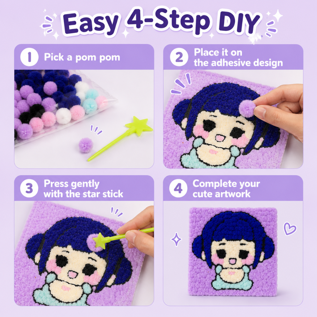 Korean Pop Zoey Inspired Pom Pom Art Kit for Kids, Self-Adhesive Fuzzy Ball Craft Activity with Character Canvas Board & Coloured Pom Poms, Mess-Free DIY Creative Return Gift - 1 Set