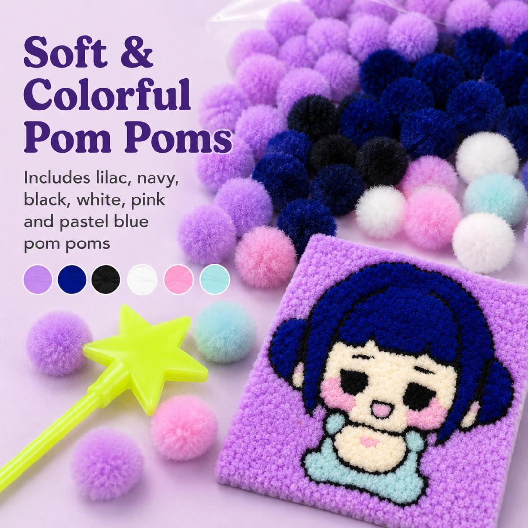 Korean Pop Zoey Inspired Pom Pom Art Kit for Kids, Self-Adhesive Fuzzy Ball Craft Activity with Character Canvas Board & Coloured Pom Poms, Mess-Free DIY Creative Return Gift - 1 Set