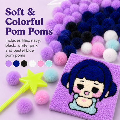 Korean Pop Zoey Inspired Pom Pom Art Kit for Kids, Self-Adhesive Fuzzy Ball Craft Activity with Character Canvas Board & Coloured Pom Poms, Mess-Free DIY Creative Return Gift - 1 Set