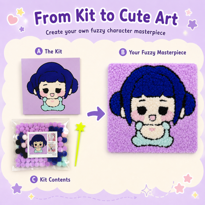 Korean Pop Zoey Inspired Pom Pom Art Kit for Kids, Self-Adhesive Fuzzy Ball Craft Activity with Character Canvas Board & Coloured Pom Poms, Mess-Free DIY Creative Return Gift - 1 Set