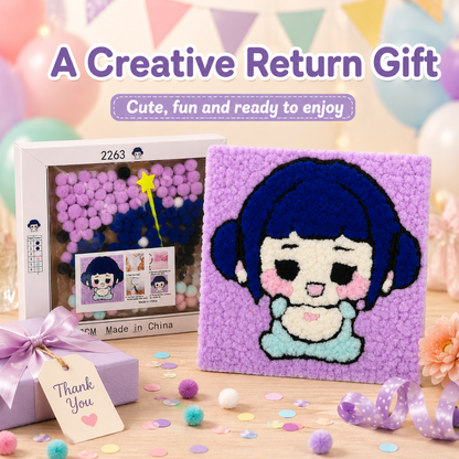 Korean Pop Zoey Inspired Pom Pom Art Kit for Kids, Self-Adhesive Fuzzy Ball Craft Activity with Character Canvas Board & Coloured Pom Poms, Mess-Free DIY Creative Return Gift - 1 Set