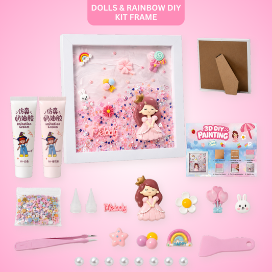 Decoden Whipped Cream Glue Clay DIY Making Art Craft 3D Kit Frame with Dolls & Rainbow - 1 Set