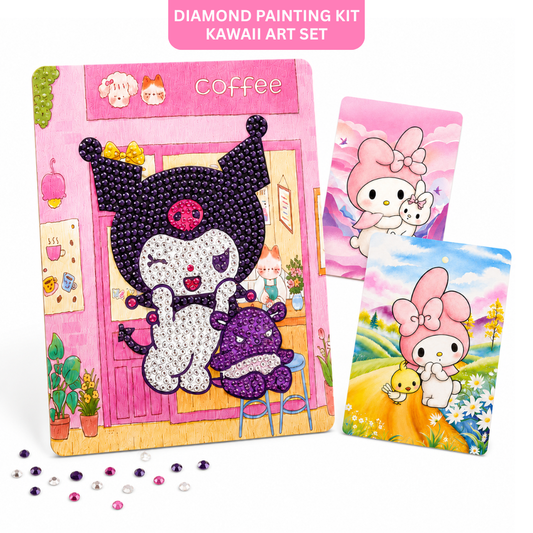Diamond Painting & Watercolour 2-in-1 Art Kit, Kawaii Inspired Kuromi Character in Coffee Shop Setting with 2 Colouring Posters, Mini Tripod Stand, Paints, Brush, Beads & Craft Tools - 1 Set