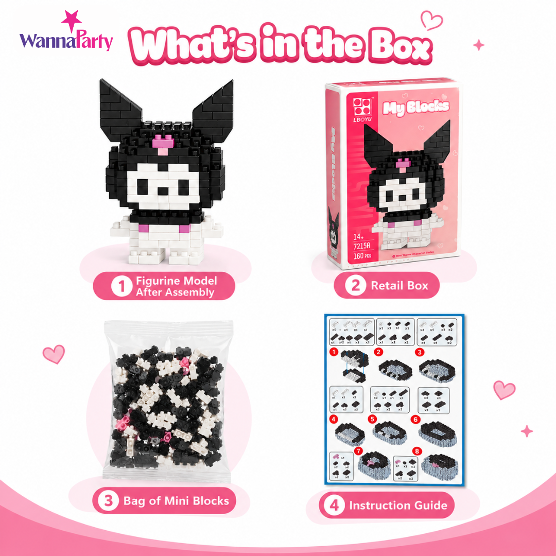 Mini Blocks DIY Kawaii Nano Blocks Kuromi Character Building Kit, 160 Pcs Micro Blocks Puzzle Toy, Collectible Display Figure for Kids,Teens & Adults