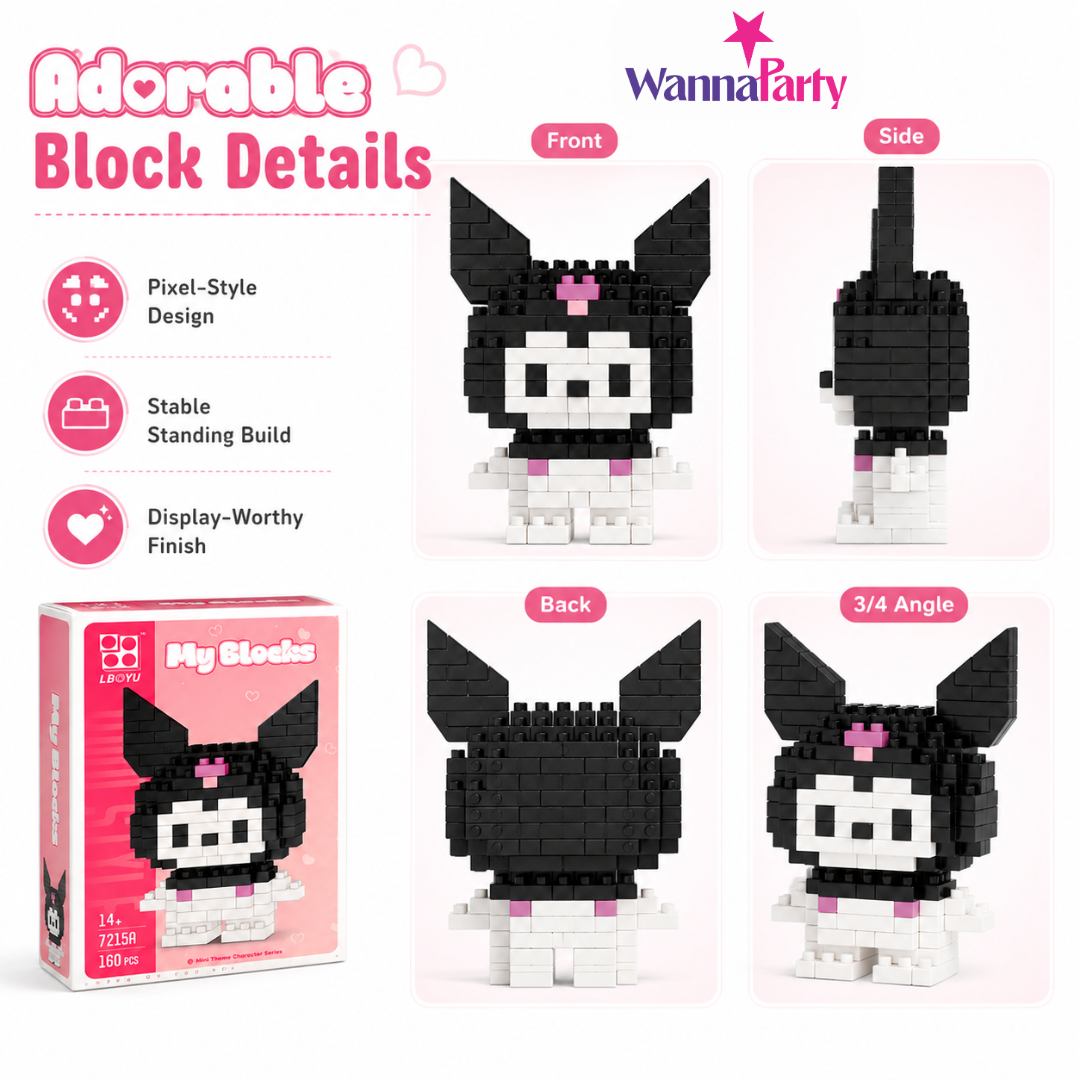 Mini Blocks DIY Kawaii Nano Blocks Kuromi Character Building Kit, 160 Pcs Micro Blocks Puzzle Toy, Collectible Display Figure for Kids,Teens & Adults