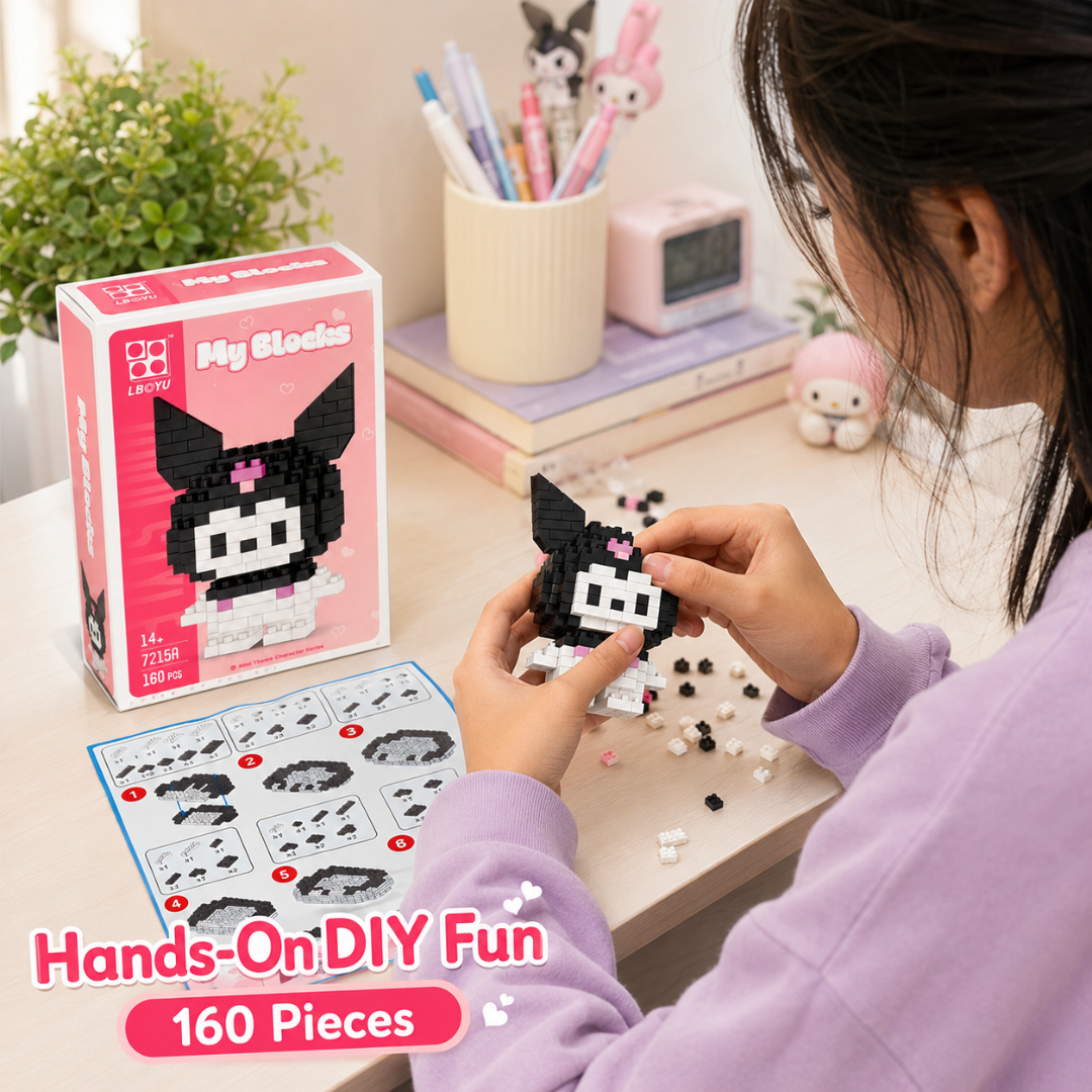 Mini Blocks DIY Kawaii Nano Blocks Kuromi Character Building Kit, 160 Pcs Micro Blocks Puzzle Toy, Collectible Display Figure for Kids,Teens & Adults