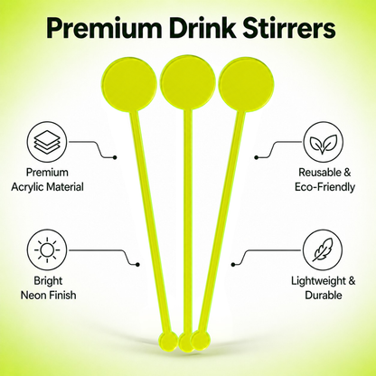 Neon Green Acrylic Circular Drinking Stirrers – Pack of 6