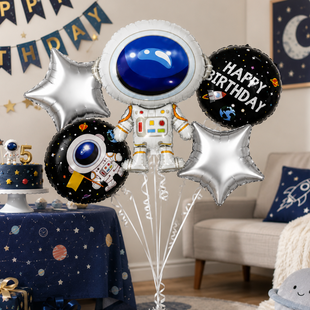 Space Theme Foil Balloon Set of 5 | Astronaut & Galaxy Balloons | Kids Birthday Space Party Decoration Kit