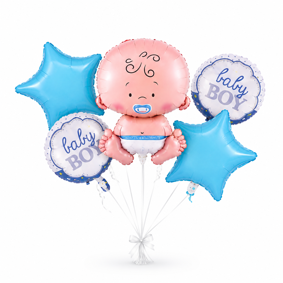 Baby Boy Balloon Bouquet Set – 5 Pcs | Cute Blue Foil Balloons for Baby Shower, Welcome Baby & Newborn Room Decoration