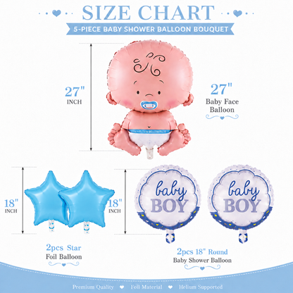 Baby Boy Balloon Bouquet Set – 5 Pcs | Cute Blue Foil Balloons for Baby Shower, Welcome Baby & Newborn Room Decoration